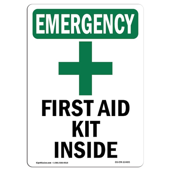 Safety Sign, OSHA EMERGENCY, 24" Height, Aluminum, First Aid Kit Inside, Portrait, EM-A-1824-V-10485